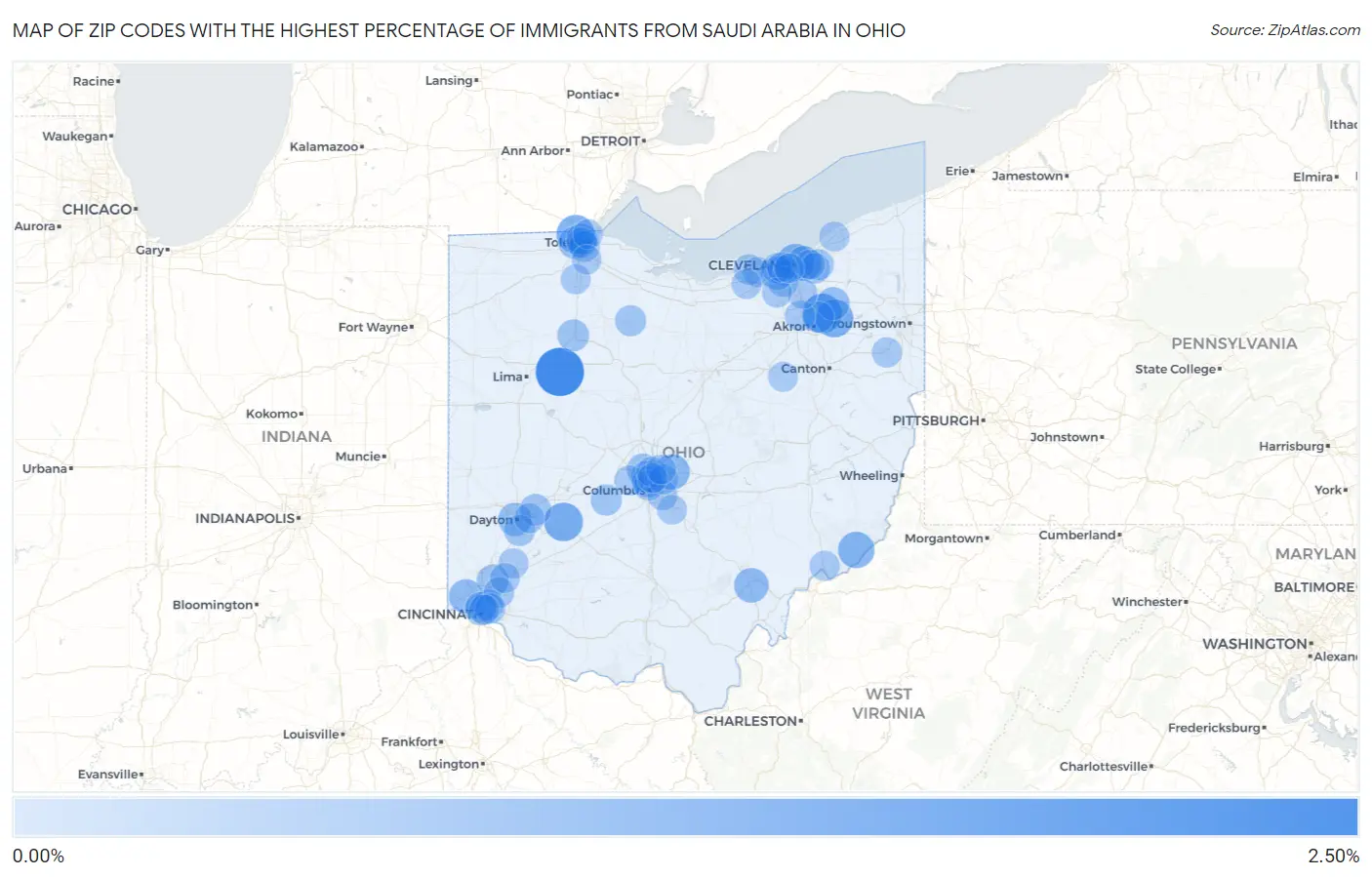 Zip Codes with the Highest Percentage of Immigrants from Saudi Arabia in Ohio Map