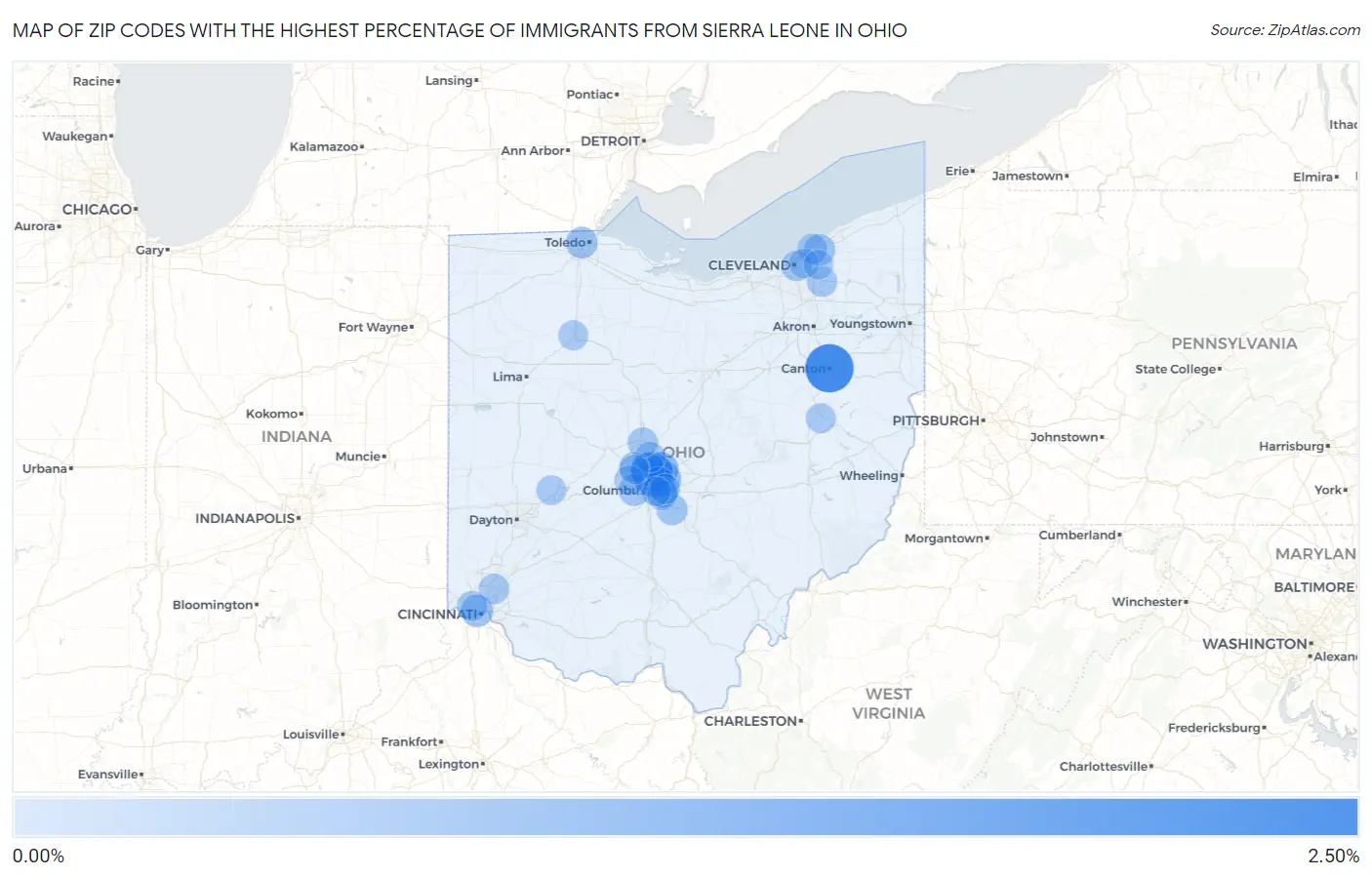 Zip Codes with the Highest Percentage of Immigrants from Sierra Leone in Ohio Map