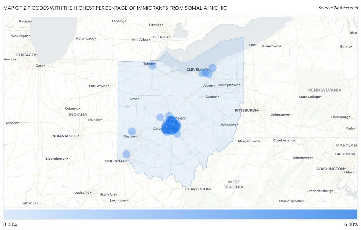 Zip Codes with the Highest Percentage of Immigrants from Somalia in Ohio Map