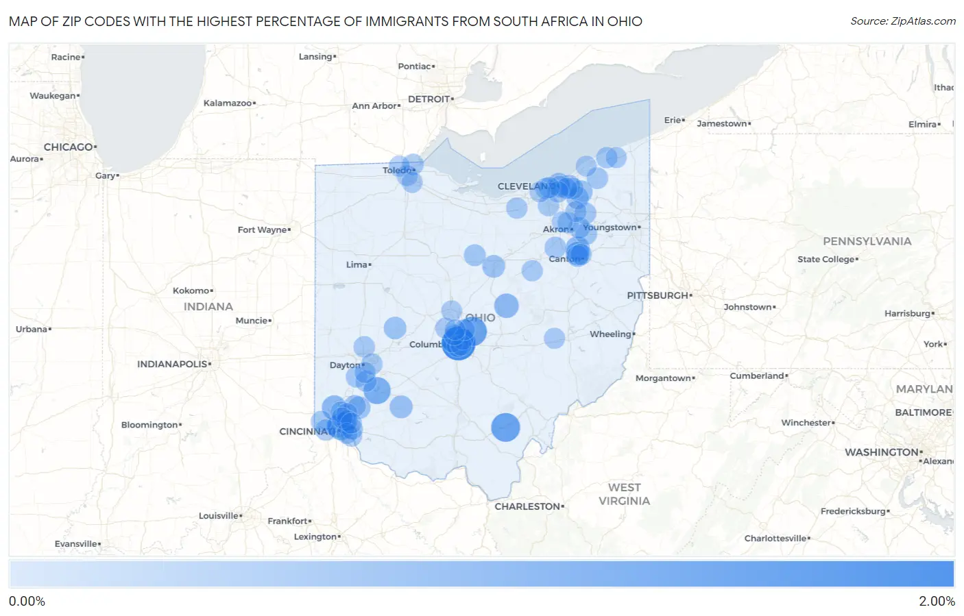 Zip Codes with the Highest Percentage of Immigrants from South Africa in Ohio Map