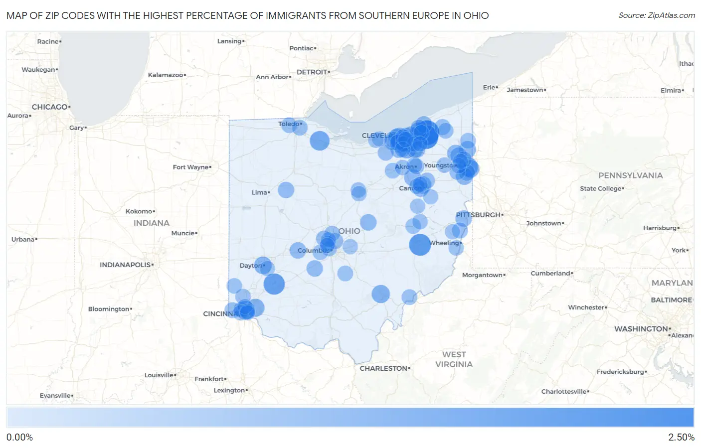 Zip Codes with the Highest Percentage of Immigrants from Southern Europe in Ohio Map