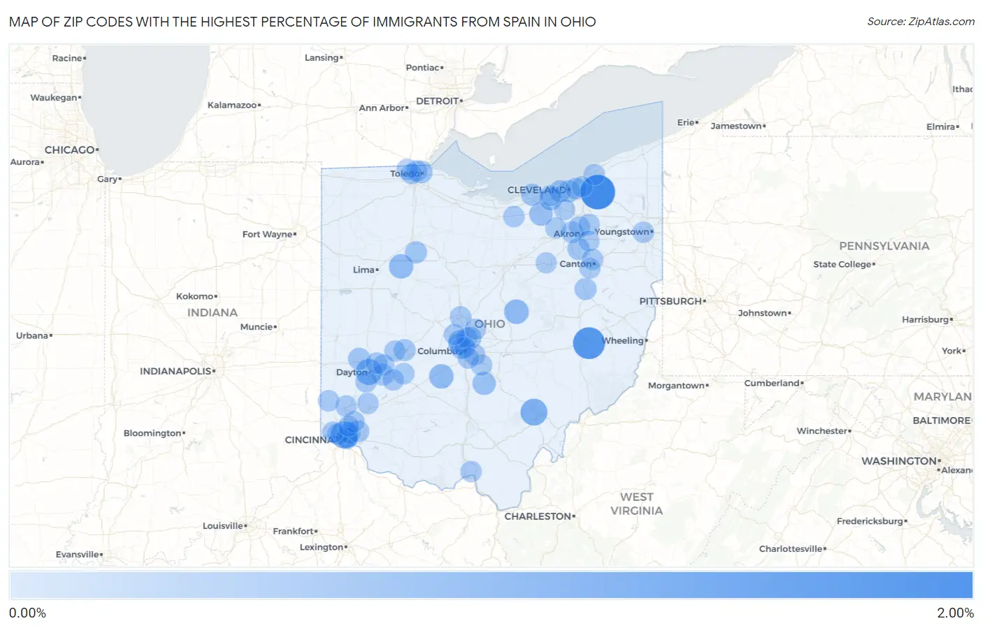 Zip Codes with the Highest Percentage of Immigrants from Spain in Ohio Map