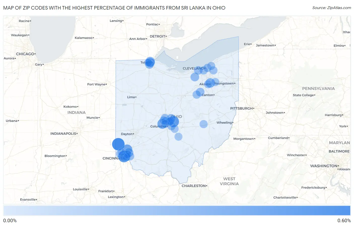 Zip Codes with the Highest Percentage of Immigrants from Sri Lanka in Ohio Map