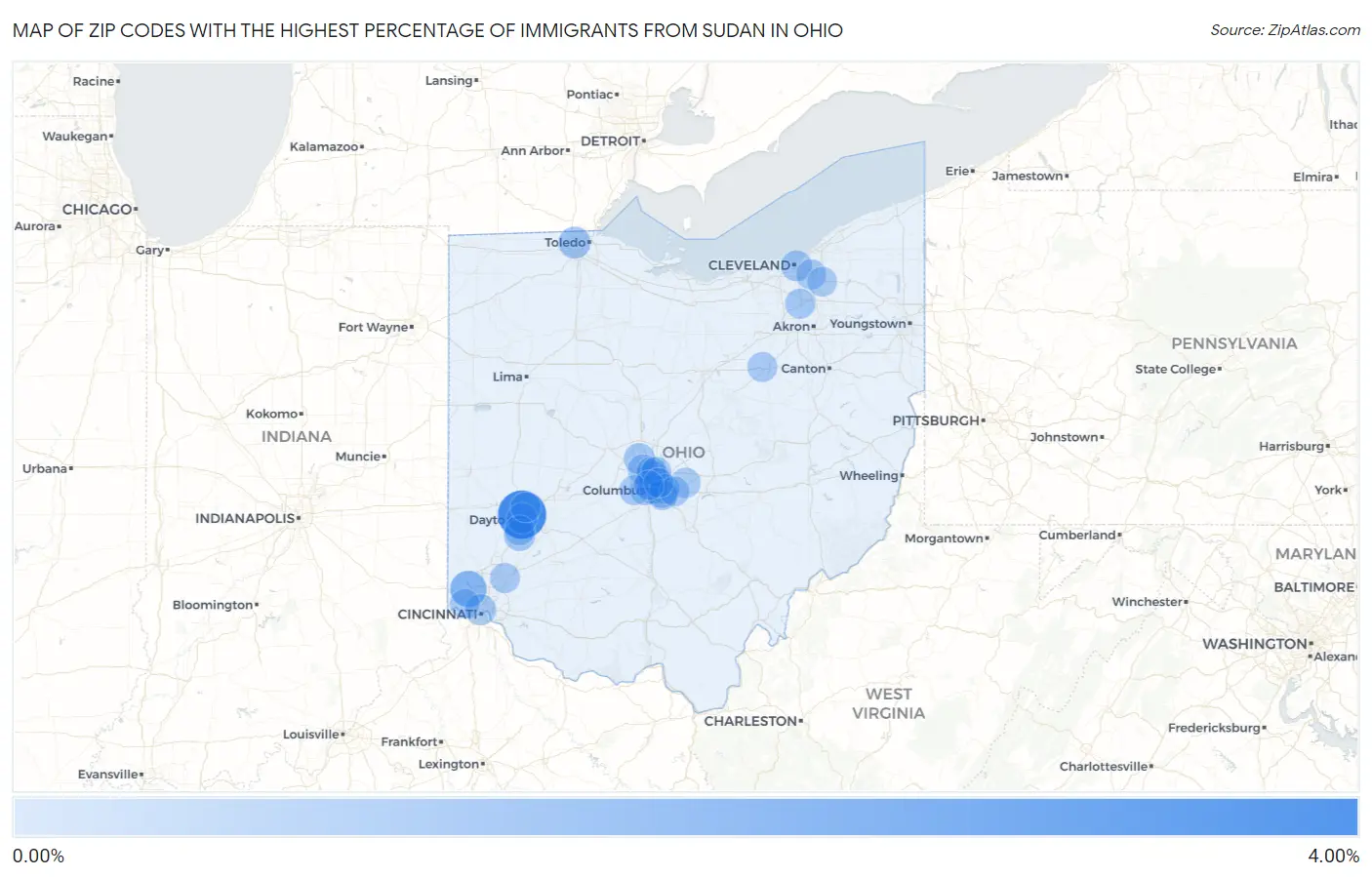 Zip Codes with the Highest Percentage of Immigrants from Sudan in Ohio Map