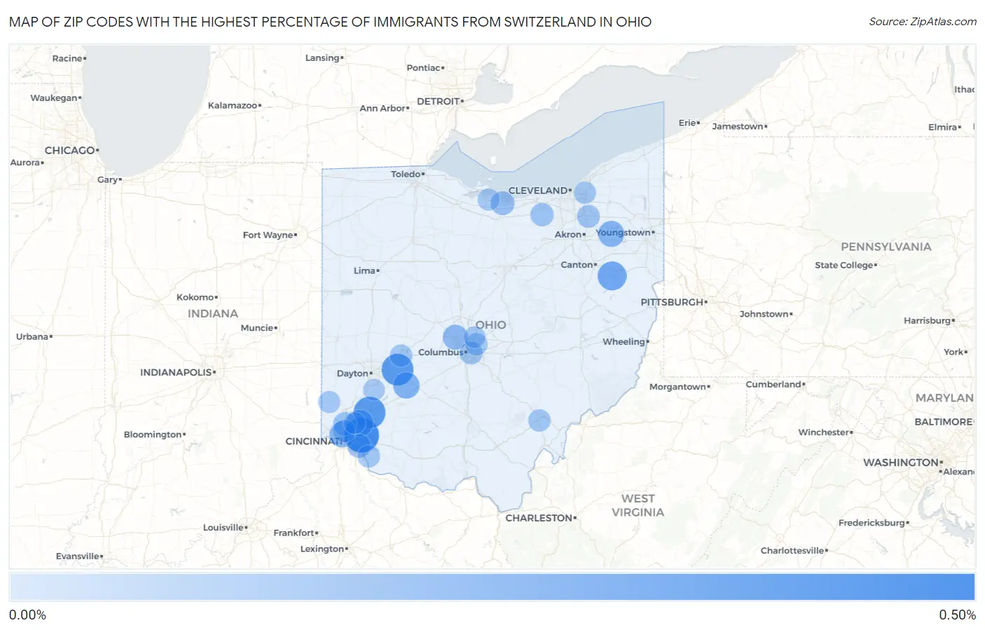Zip Codes with the Highest Percentage of Immigrants from Switzerland in Ohio Map
