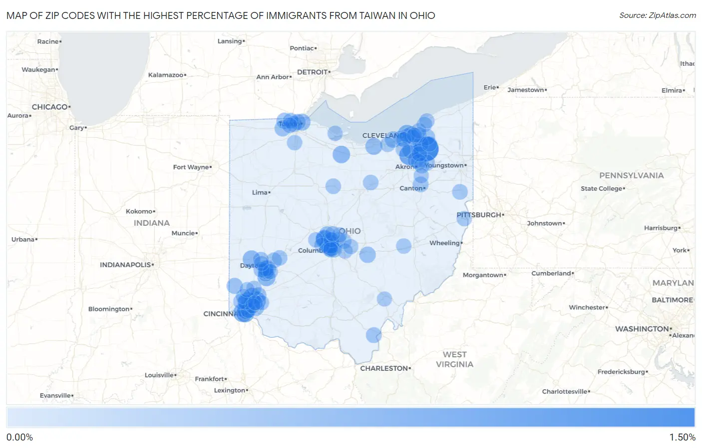 Zip Codes with the Highest Percentage of Immigrants from Taiwan in Ohio Map