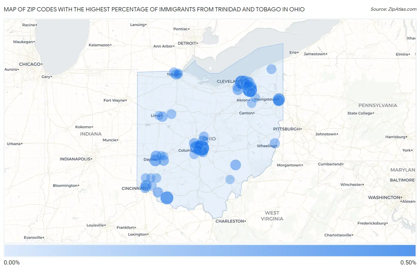 Zip Codes with the Highest Percentage of Immigrants from Trinidad and Tobago in Ohio Map
