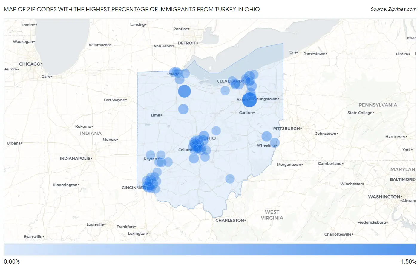 Zip Codes with the Highest Percentage of Immigrants from Turkey in Ohio Map