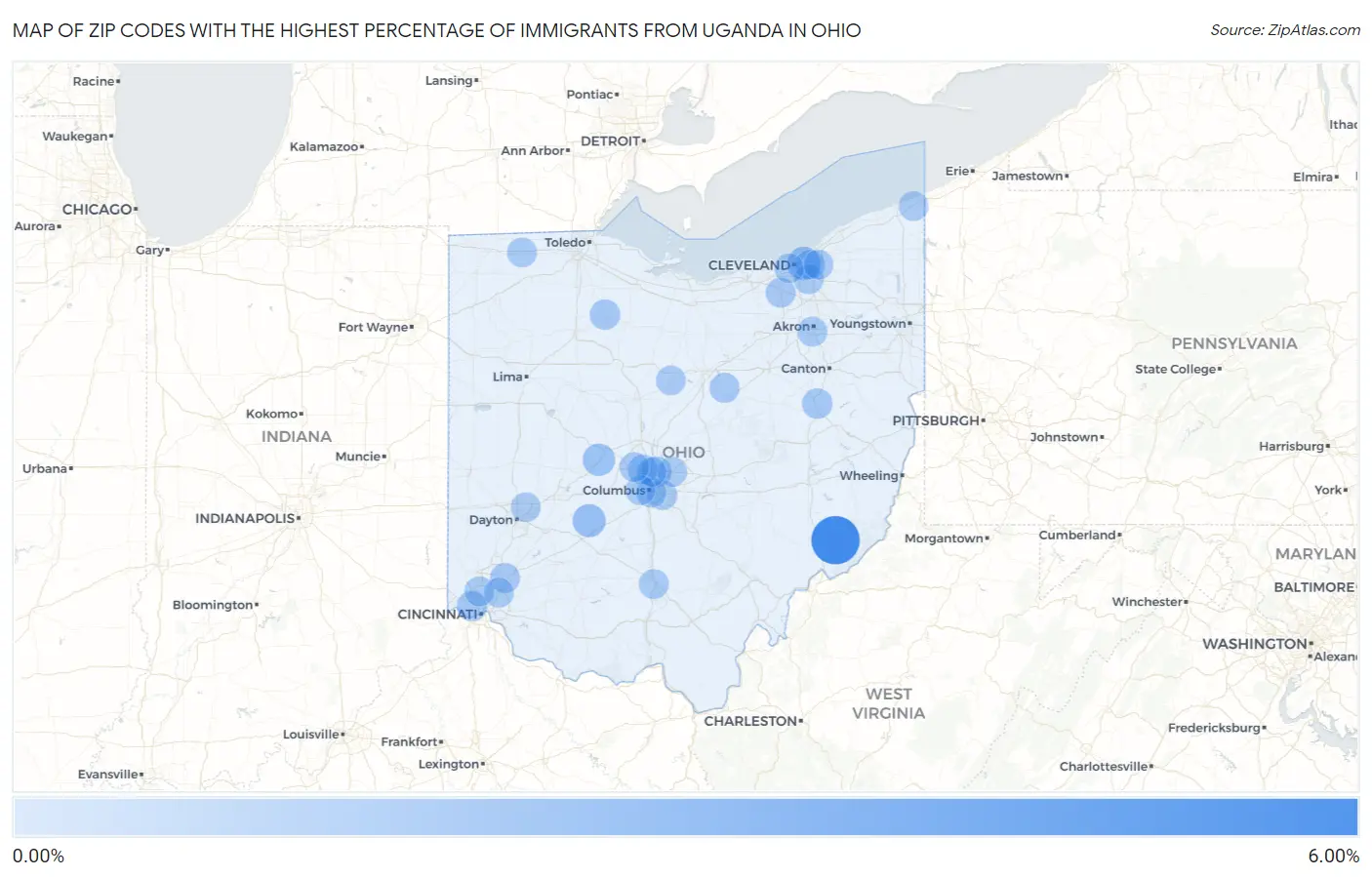 Zip Codes with the Highest Percentage of Immigrants from Uganda in Ohio Map