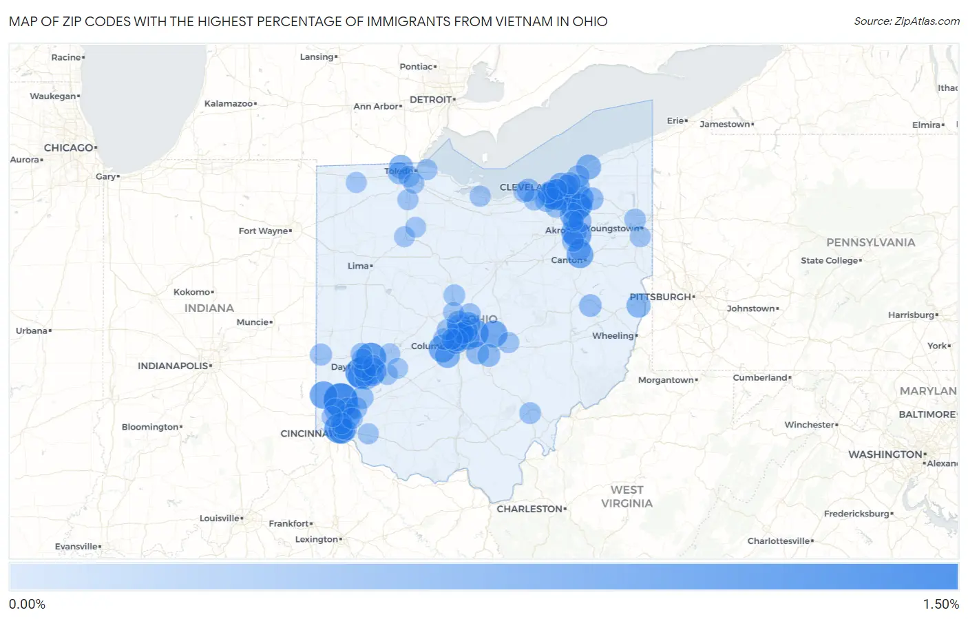 Zip Codes with the Highest Percentage of Immigrants from Vietnam in Ohio Map