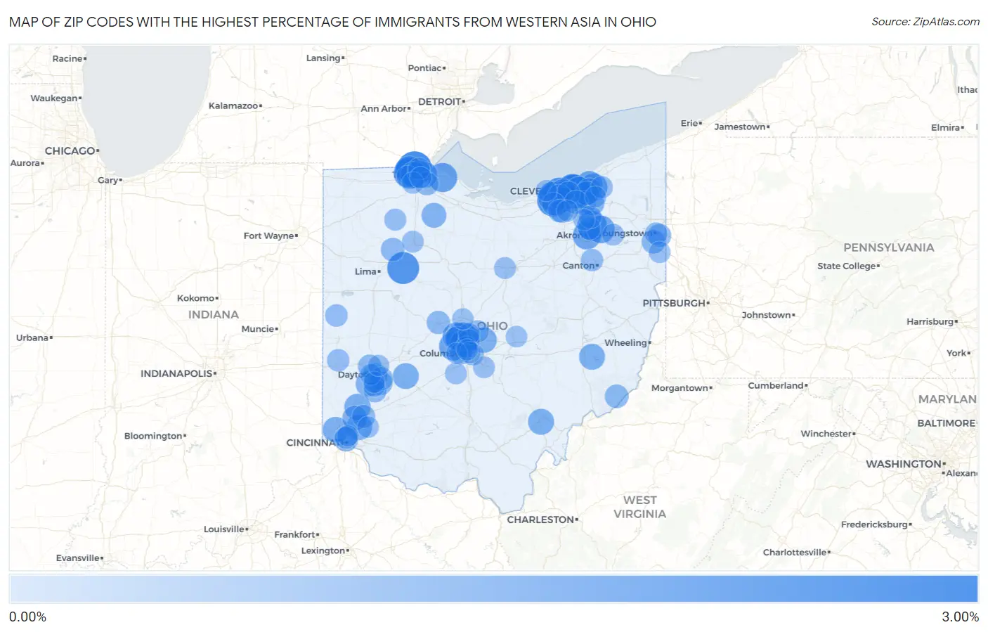 Zip Codes with the Highest Percentage of Immigrants from Western Asia in Ohio Map