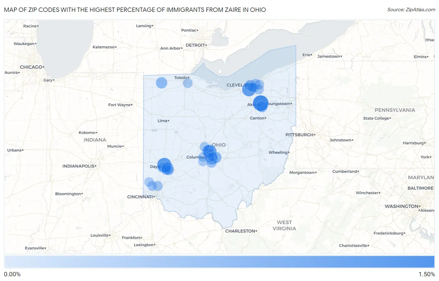 Zip Codes with the Highest Percentage of Immigrants from Zaire in Ohio Map
