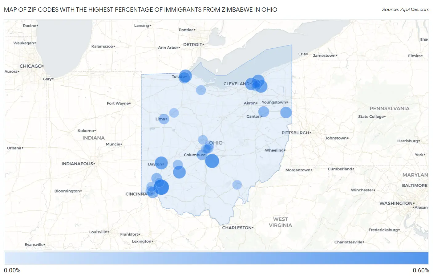 Zip Codes with the Highest Percentage of Immigrants from Zimbabwe in Ohio Map