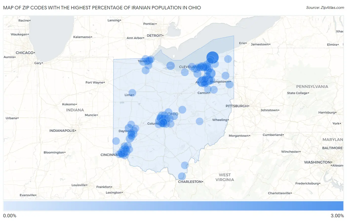 Zip Codes with the Highest Percentage of Iranian Population in Ohio Map