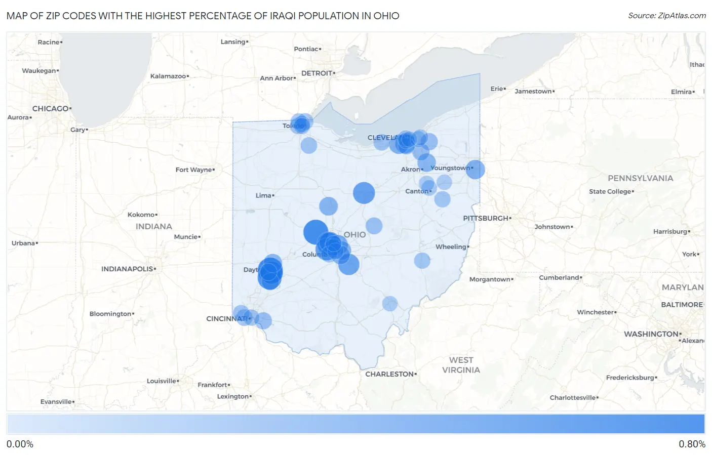 Zip Codes with the Highest Percentage of Iraqi Population in Ohio Map