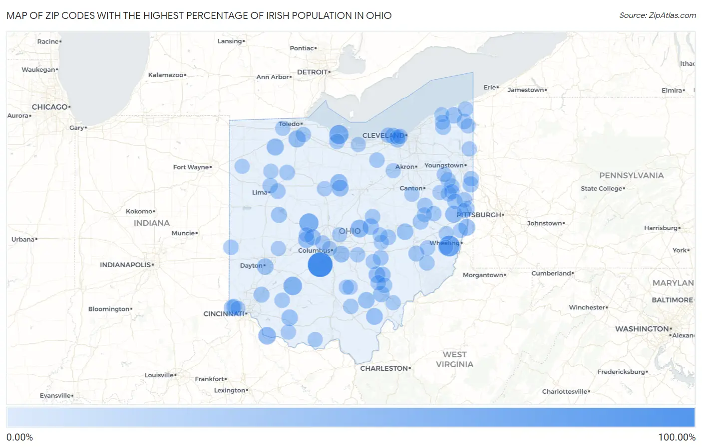 Zip Codes with the Highest Percentage of Irish Population in Ohio Map