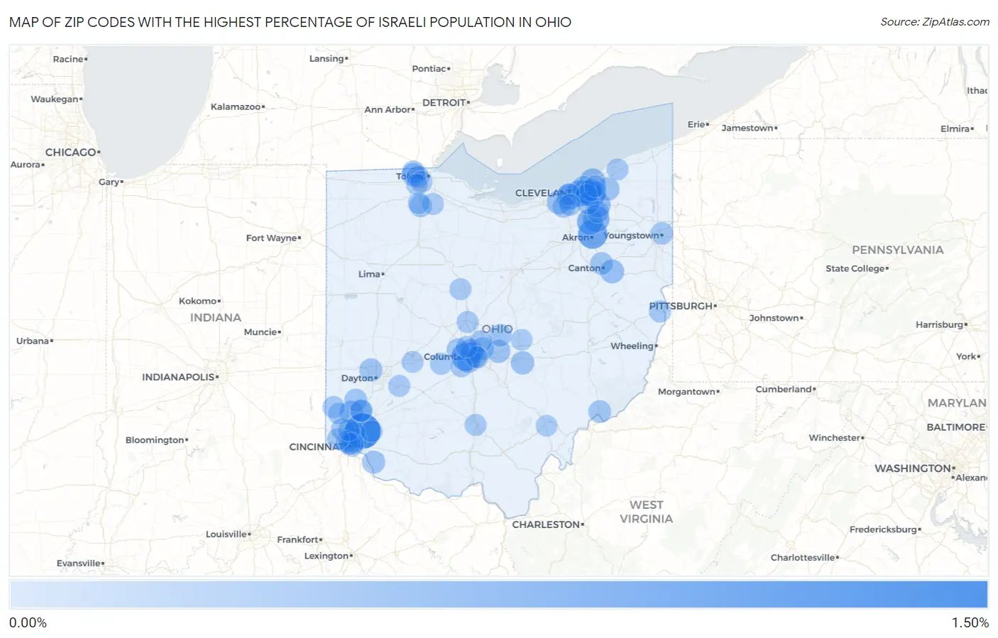 Zip Codes with the Highest Percentage of Israeli Population in Ohio Map