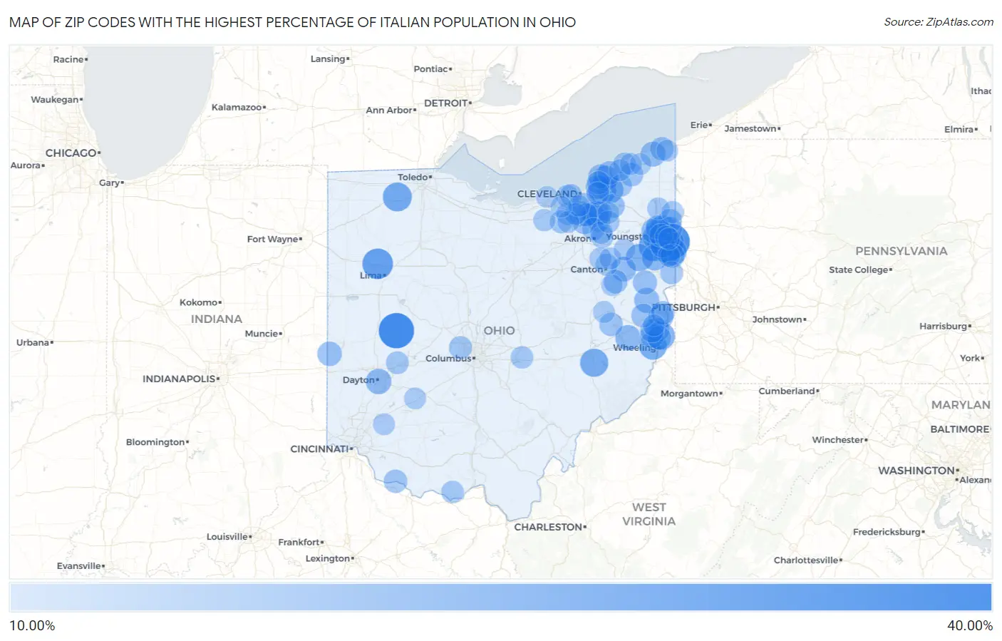 Zip Codes with the Highest Percentage of Italian Population in Ohio Map