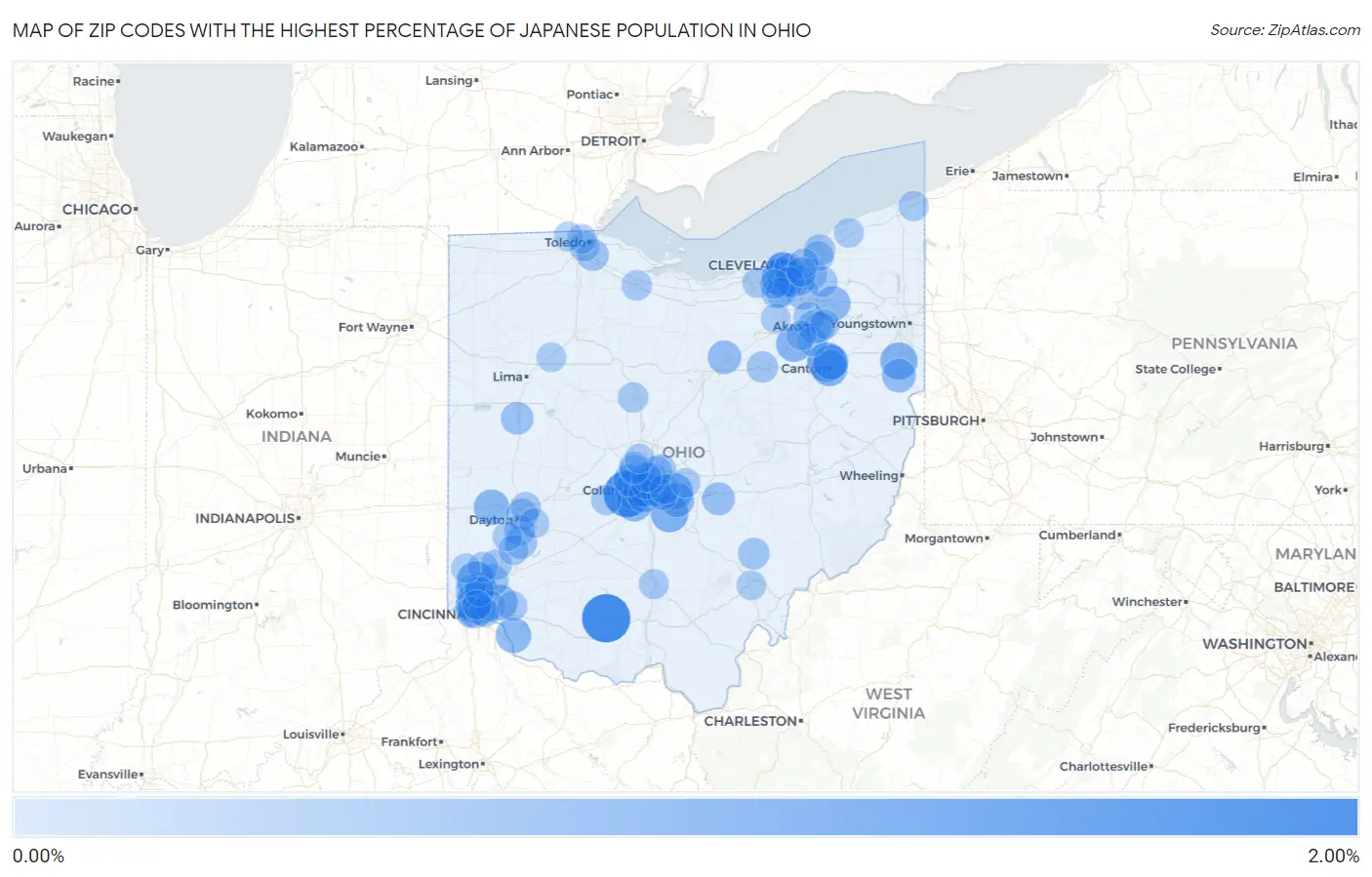 Zip Codes with the Highest Percentage of Japanese Population in Ohio Map