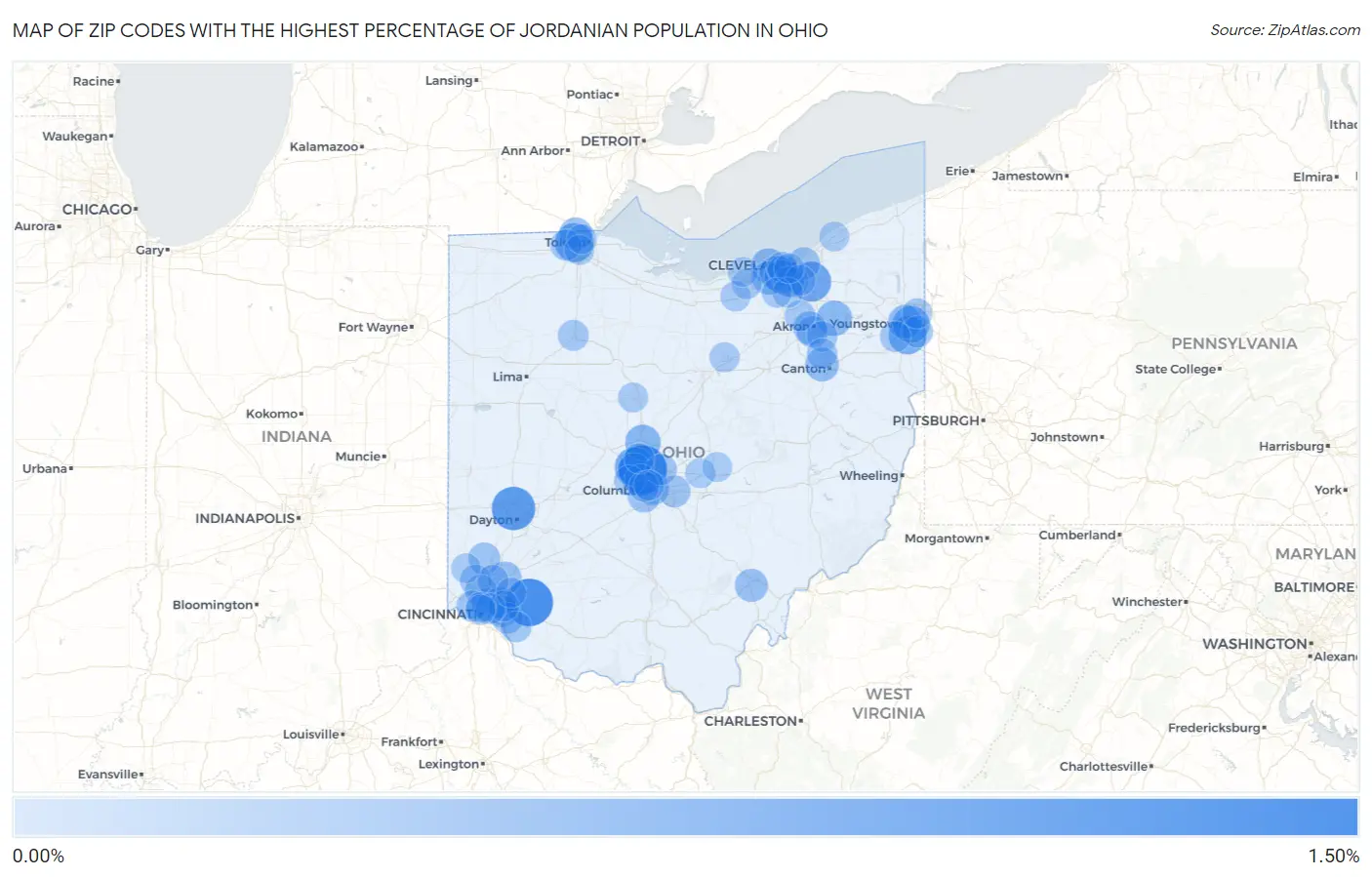 Zip Codes with the Highest Percentage of Jordanian Population in Ohio Map