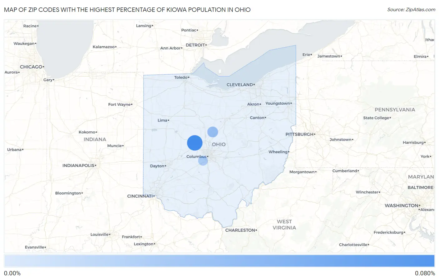 Zip Codes with the Highest Percentage of Kiowa Population in Ohio Map