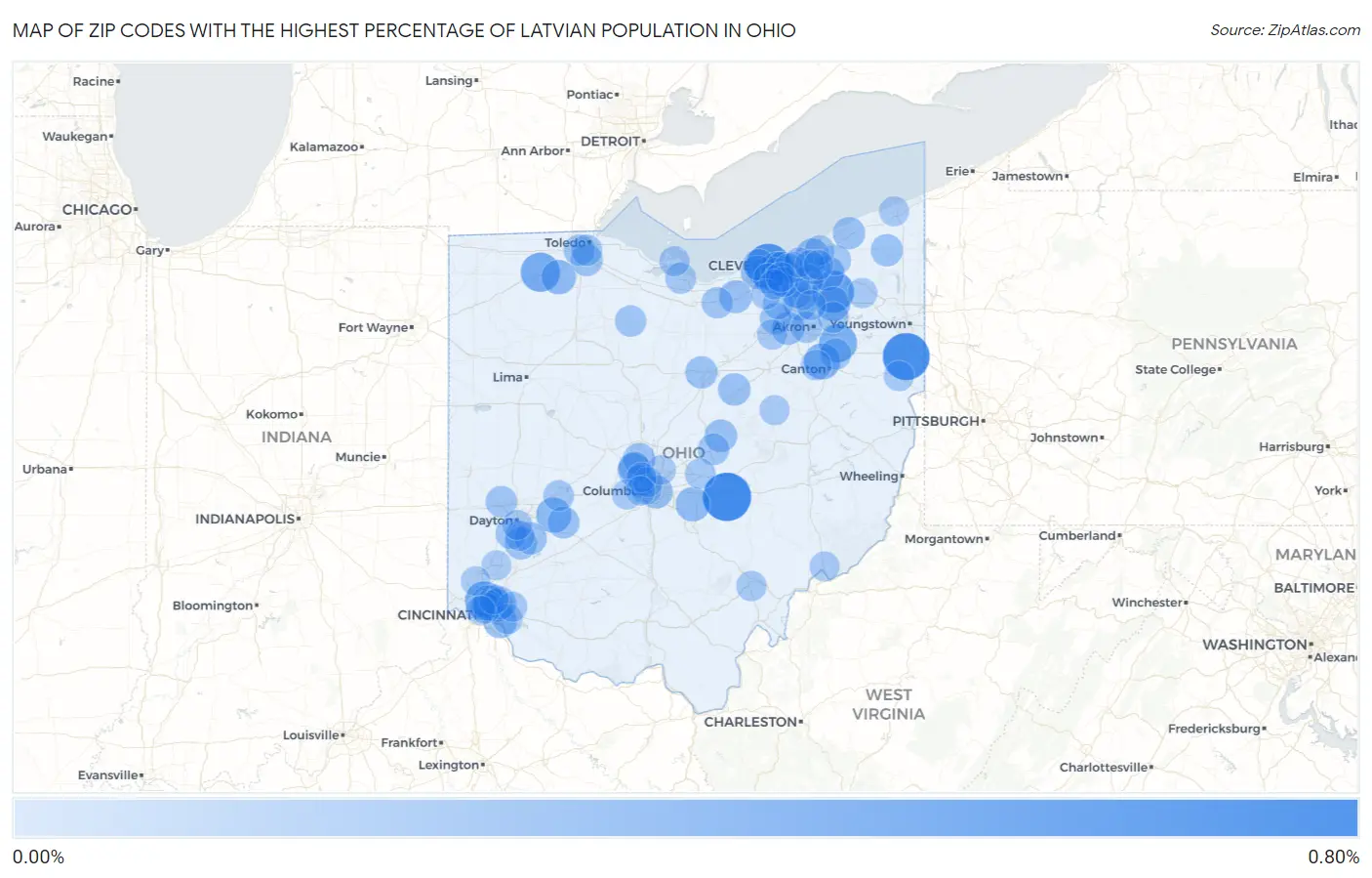 Zip Codes with the Highest Percentage of Latvian Population in Ohio Map