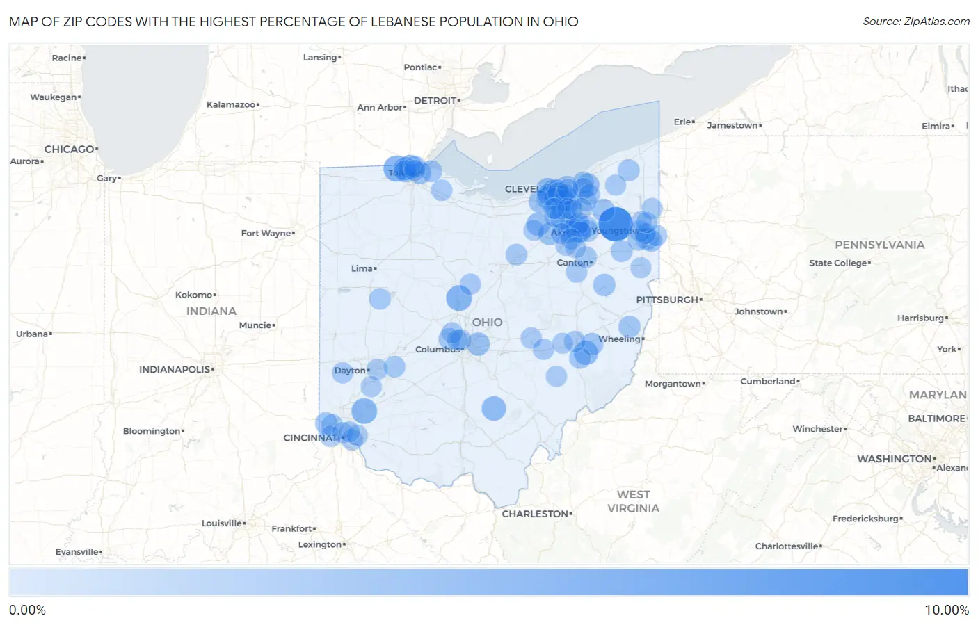 Zip Codes with the Highest Percentage of Lebanese Population in Ohio Map