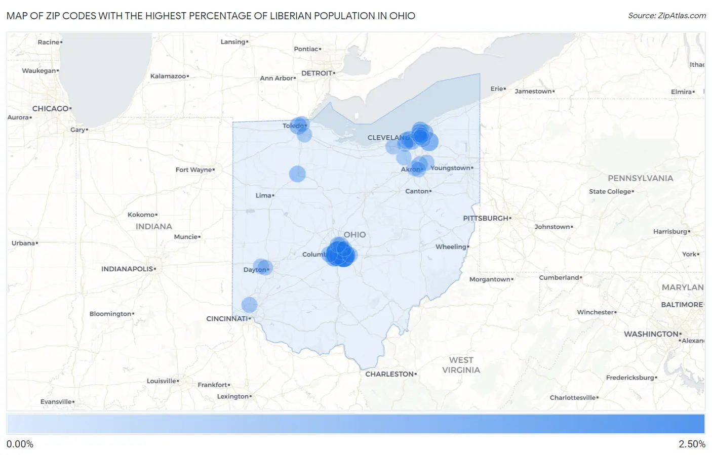 Zip Codes with the Highest Percentage of Liberian Population in Ohio Map