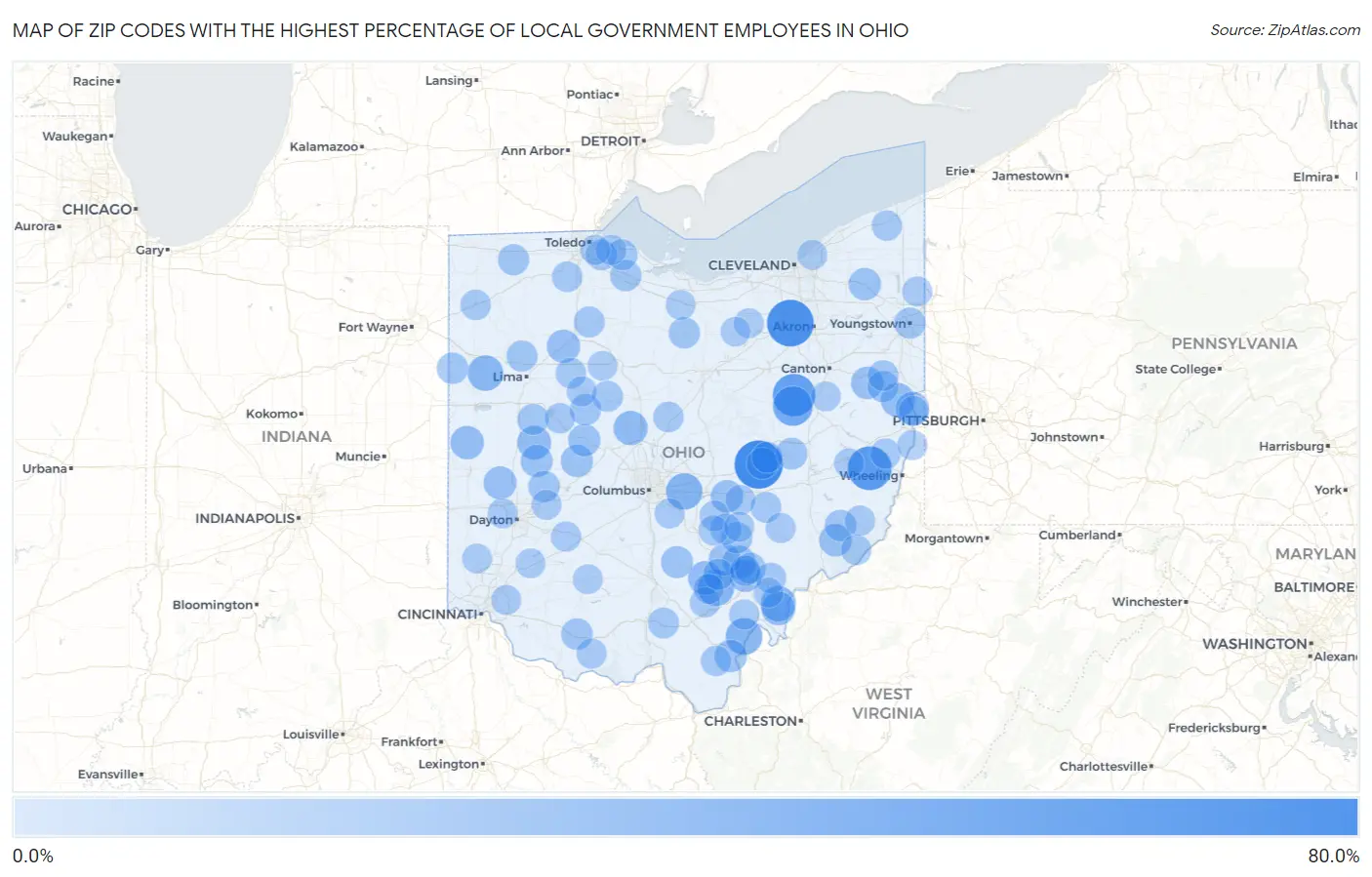 Zip Codes with the Highest Percentage of Local Government Employees in Ohio Map