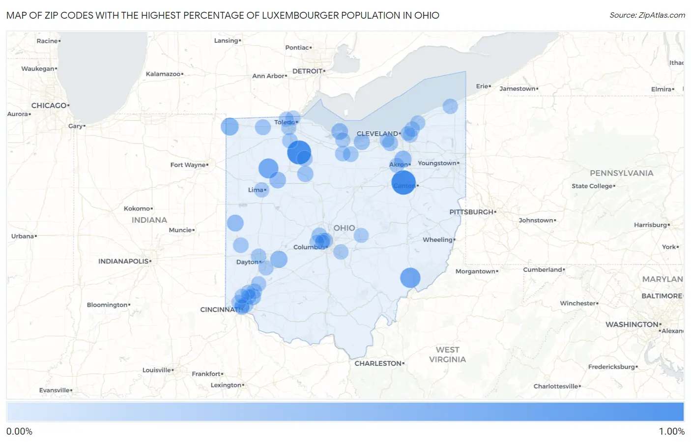 Zip Codes with the Highest Percentage of Luxembourger Population in Ohio Map