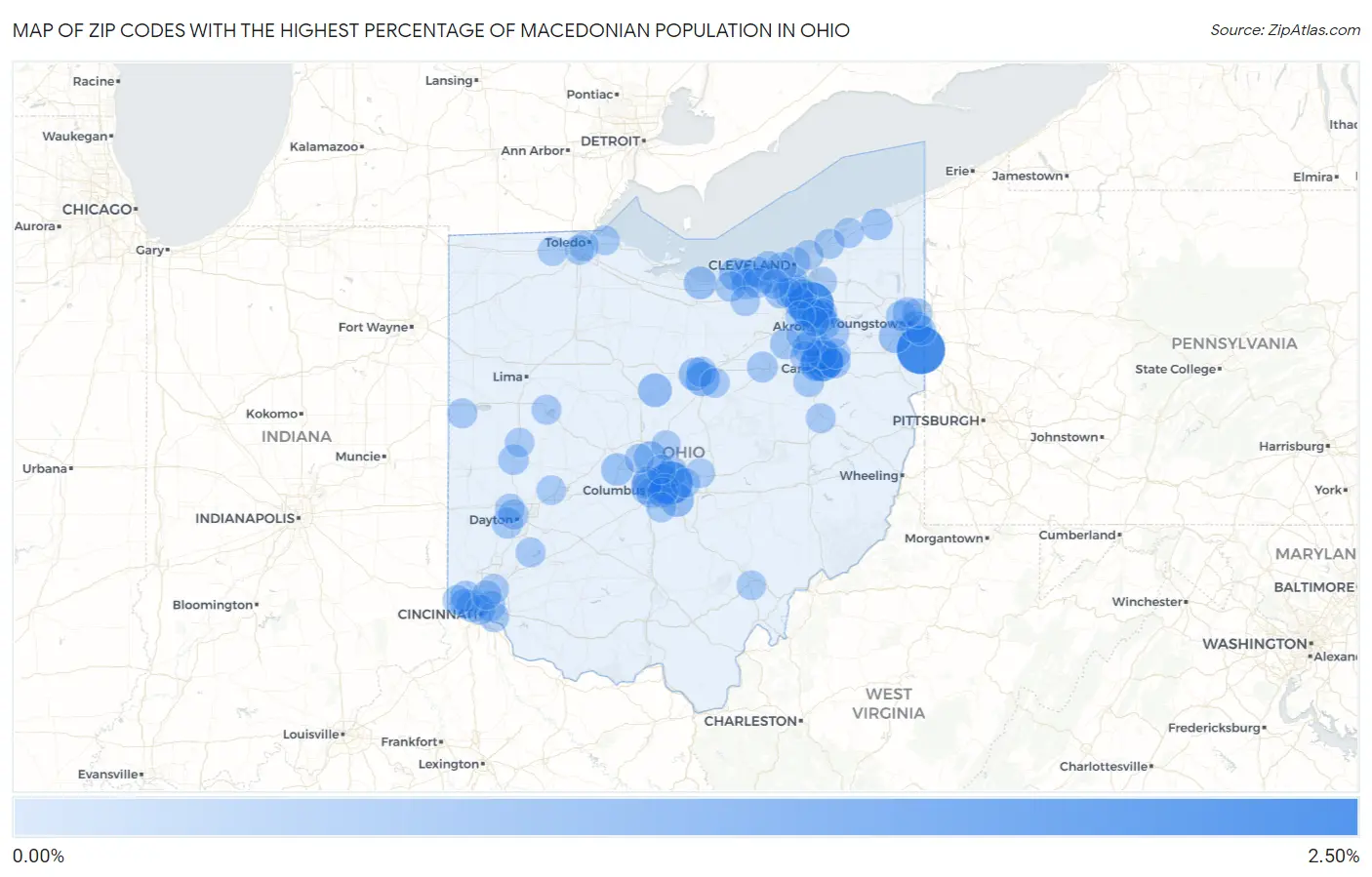 Zip Codes with the Highest Percentage of Macedonian Population in Ohio Map