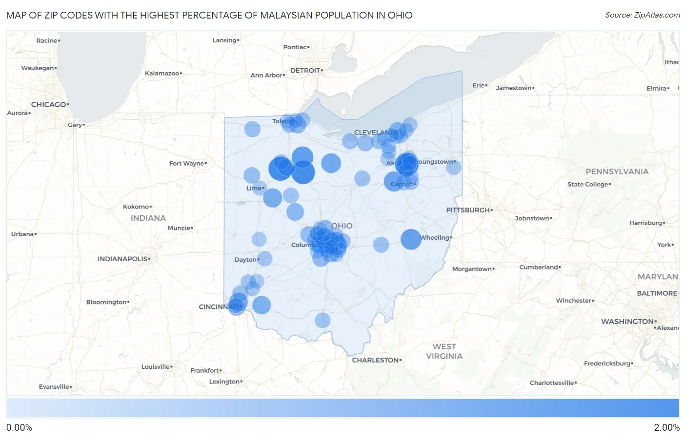 Zip Codes with the Highest Percentage of Malaysian Population in Ohio Map