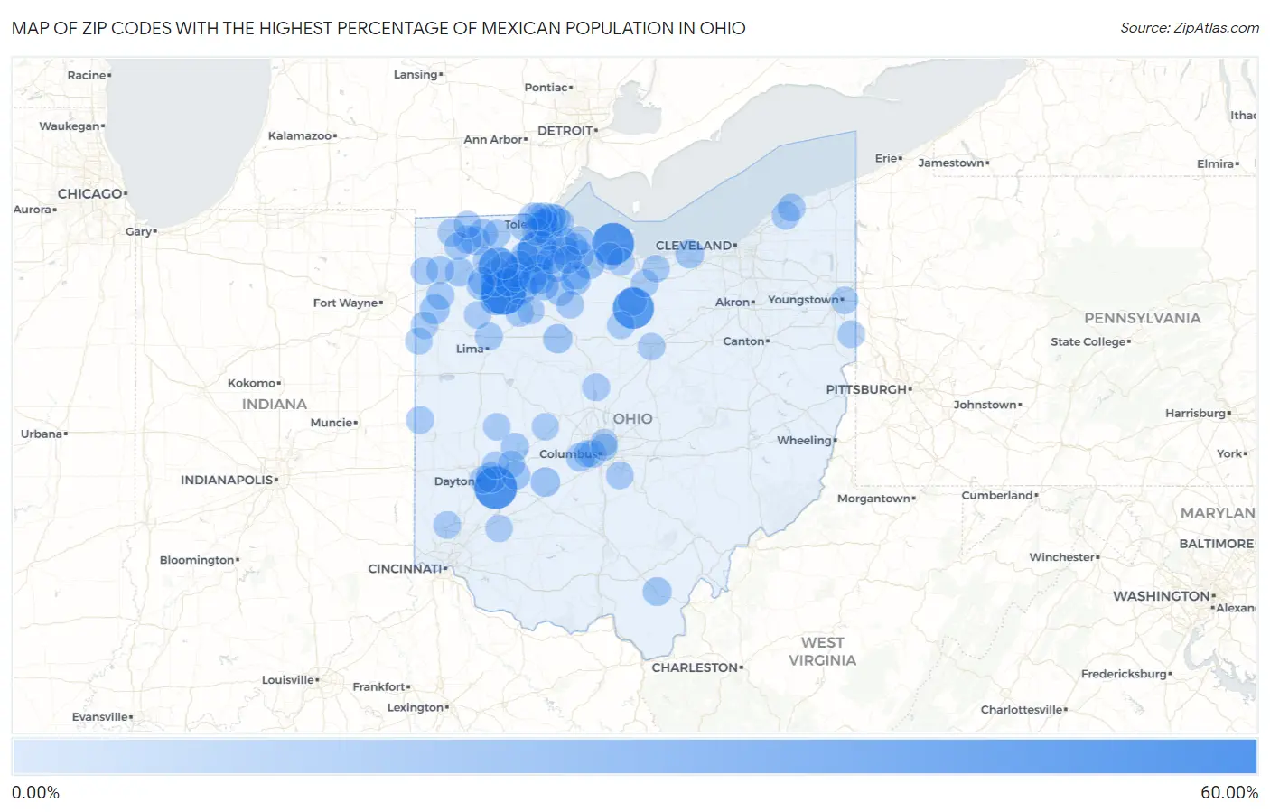 Zip Codes with the Highest Percentage of Mexican Population in Ohio Map