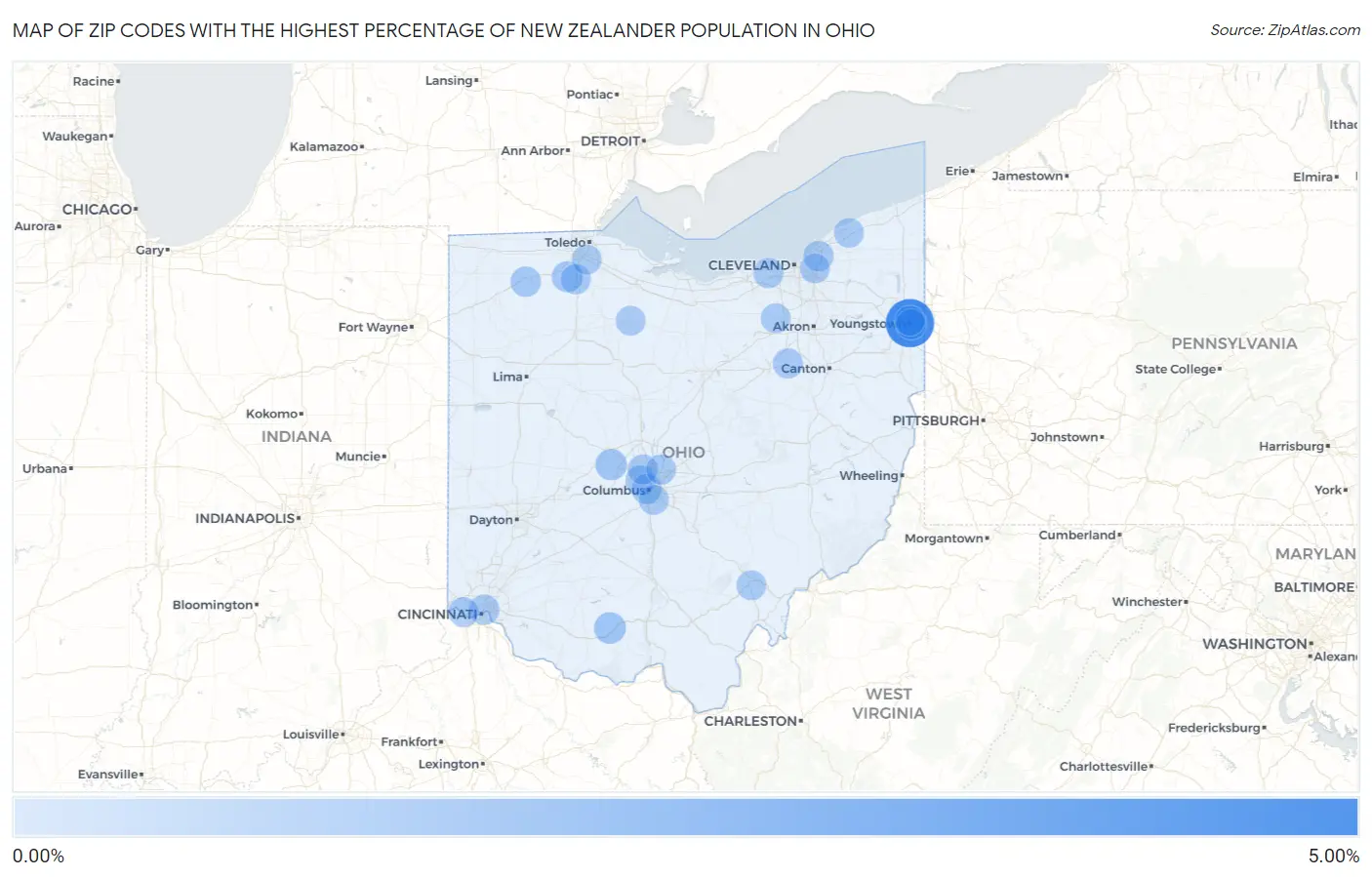 Zip Codes with the Highest Percentage of New Zealander Population in Ohio Map