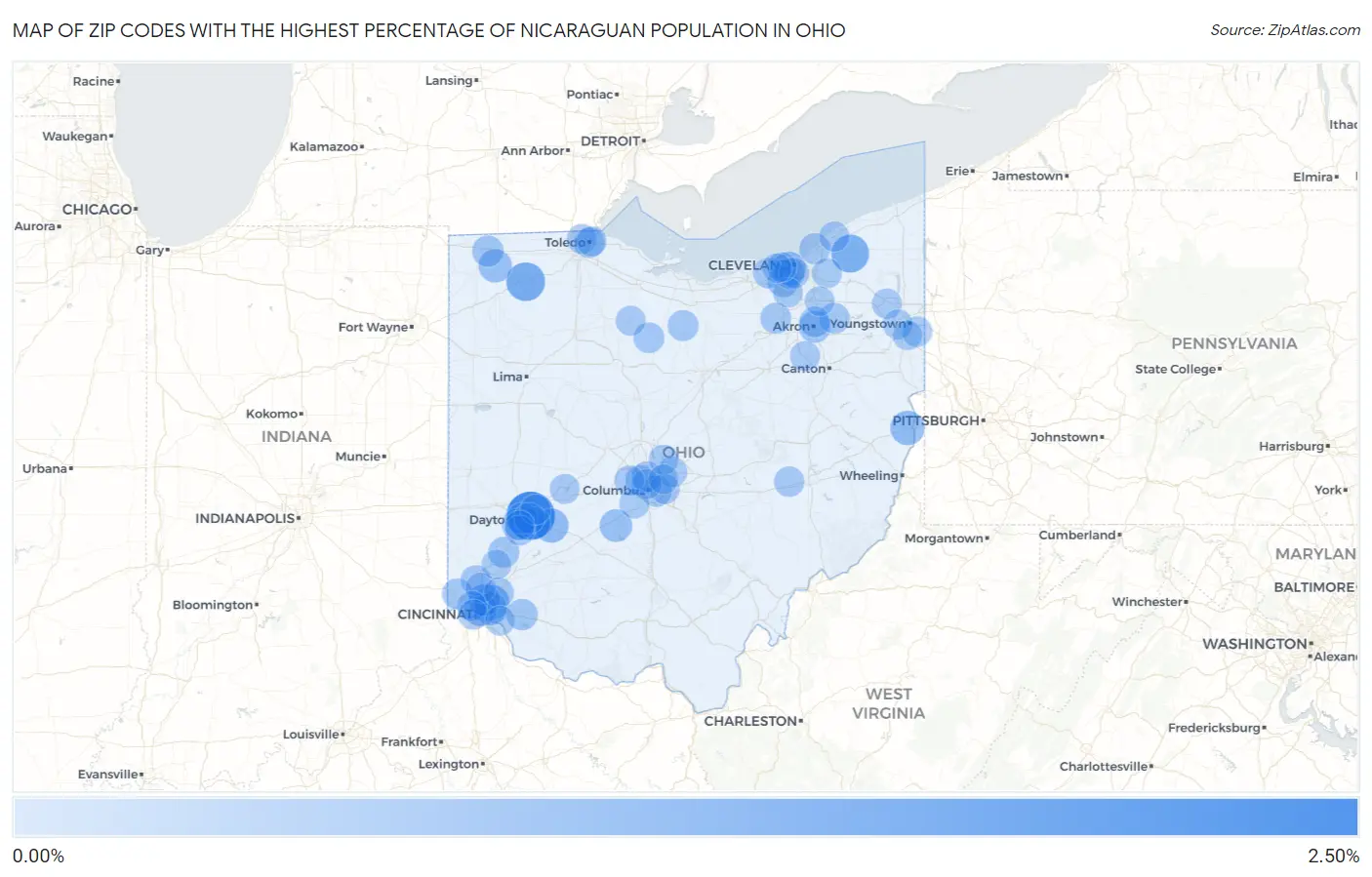 Zip Codes with the Highest Percentage of Nicaraguan Population in Ohio Map