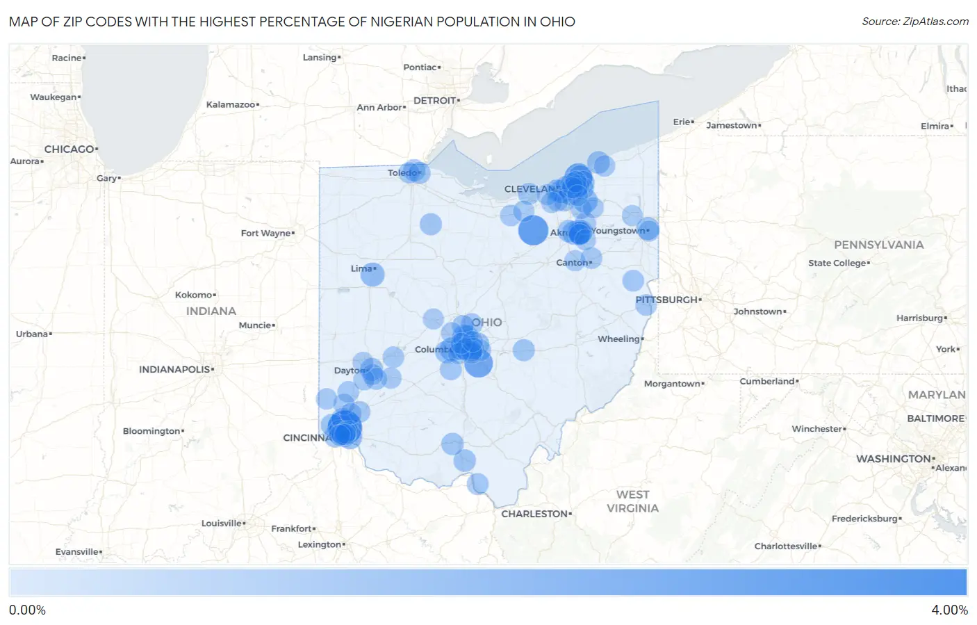 Zip Codes with the Highest Percentage of Nigerian Population in Ohio Map