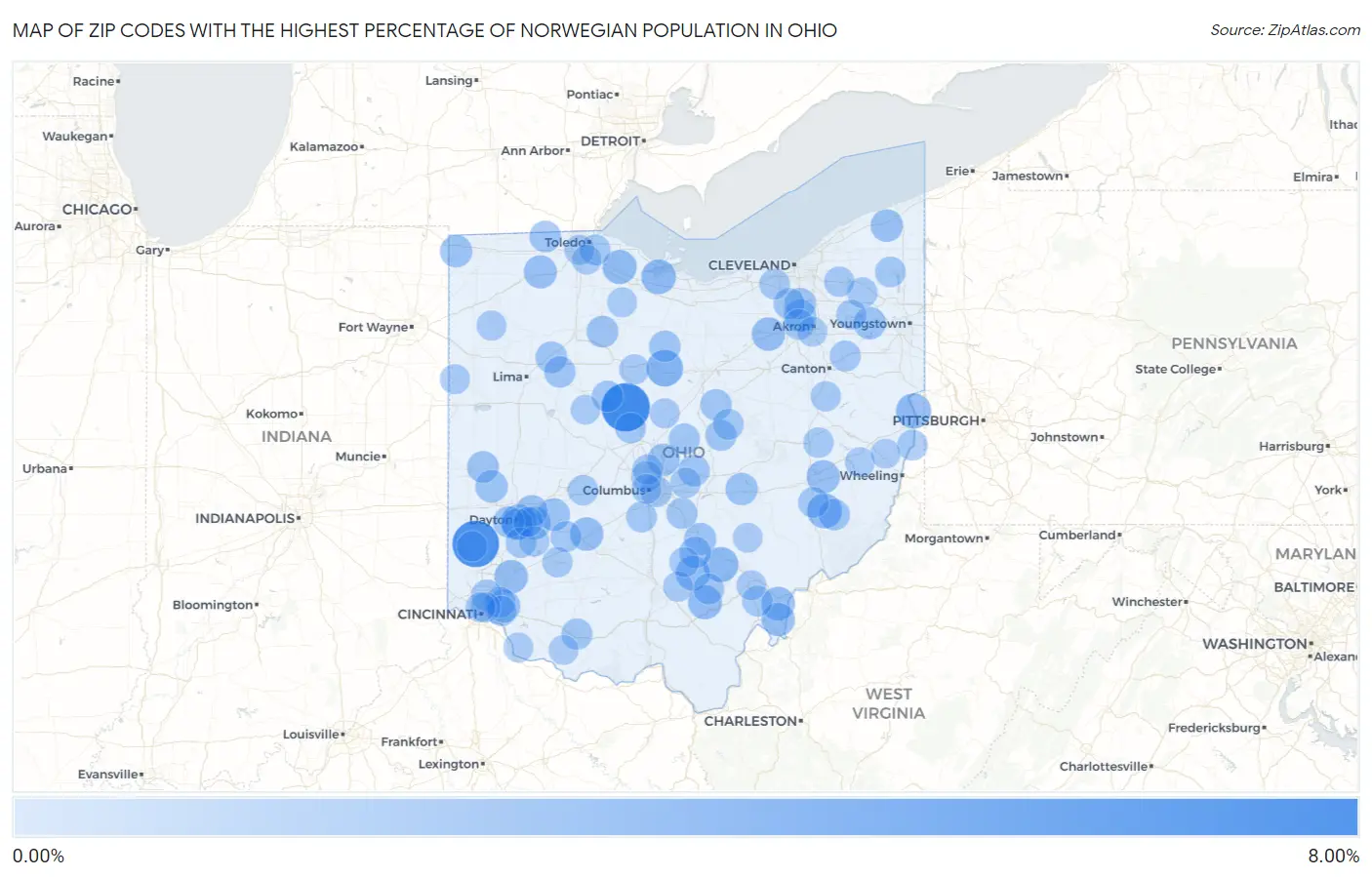 Zip Codes with the Highest Percentage of Norwegian Population in Ohio Map