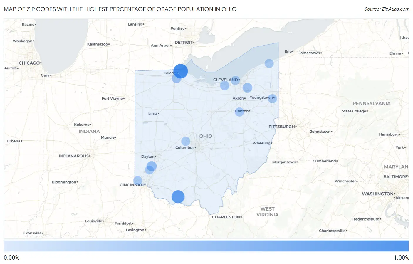 Zip Codes with the Highest Percentage of Osage Population in Ohio Map