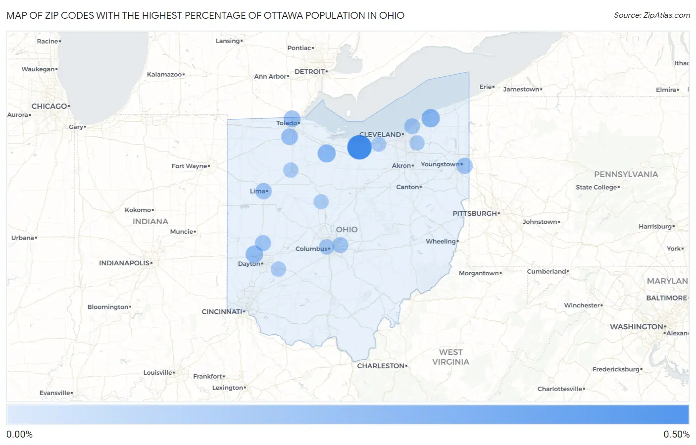 Zip Codes with the Highest Percentage of Ottawa Population in Ohio Map