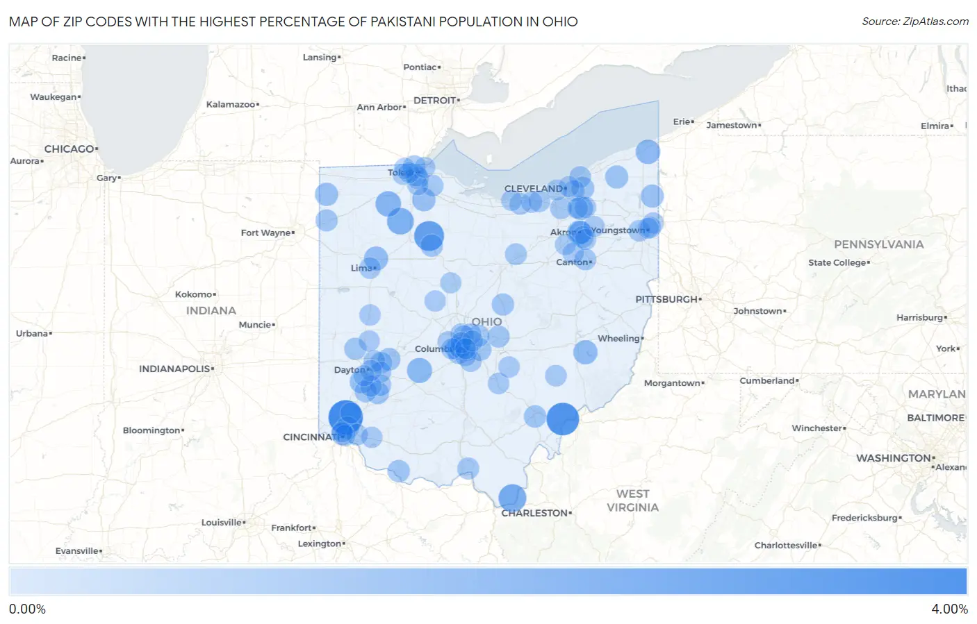 Zip Codes with the Highest Percentage of Pakistani Population in Ohio Map