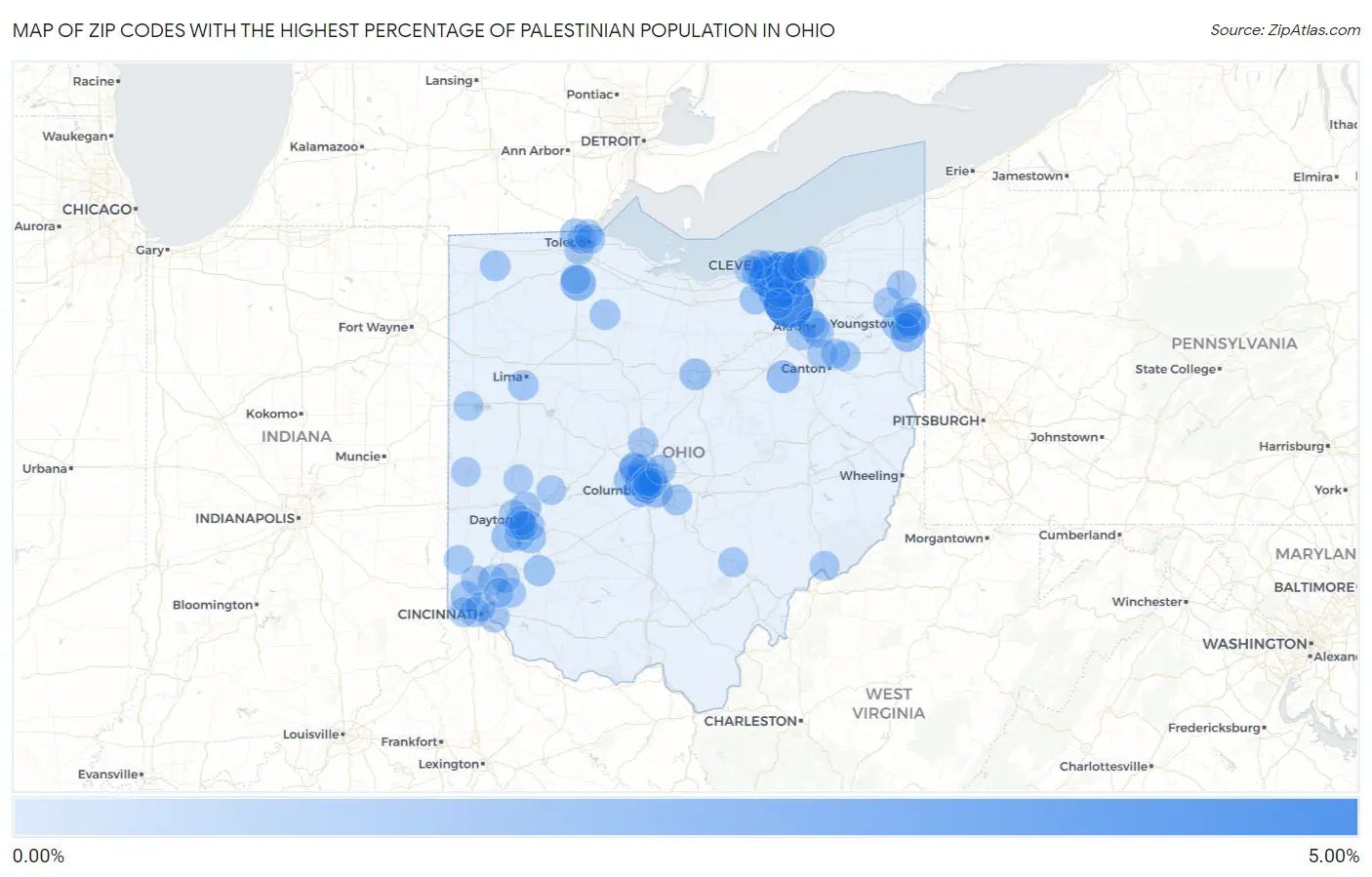 Zip Codes with the Highest Percentage of Palestinian Population in Ohio Map