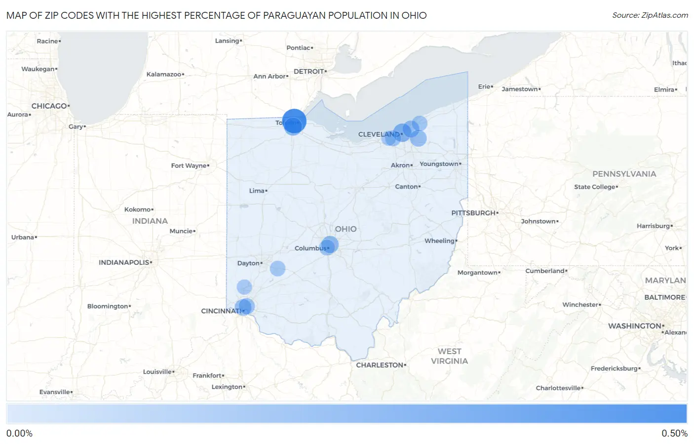 Zip Codes with the Highest Percentage of Paraguayan Population in Ohio Map
