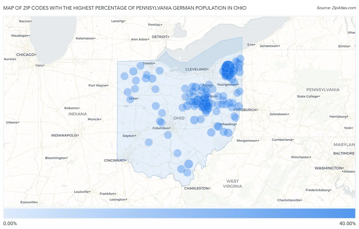 Zip Codes with the Highest Percentage of Pennsylvania German Population in Ohio Map