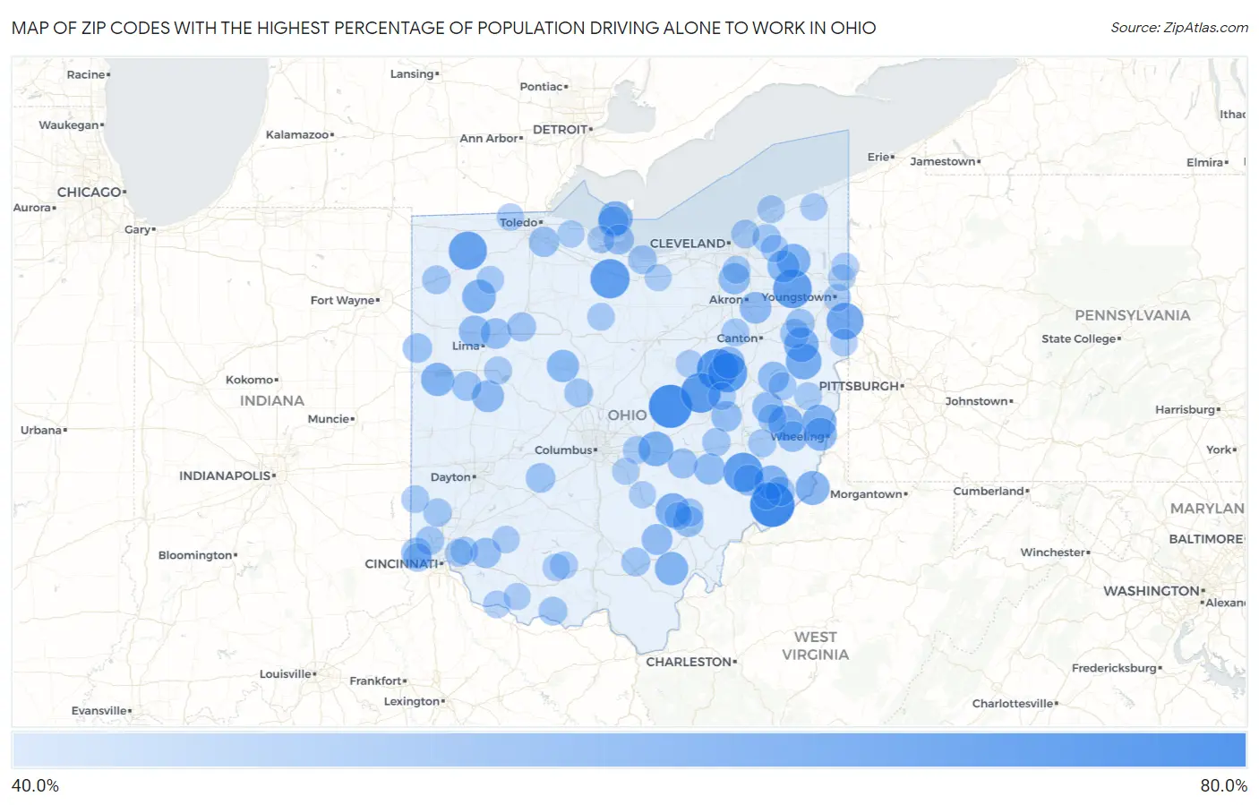 Zip Codes with the Highest Percentage of Population Driving Alone to Work in Ohio Map