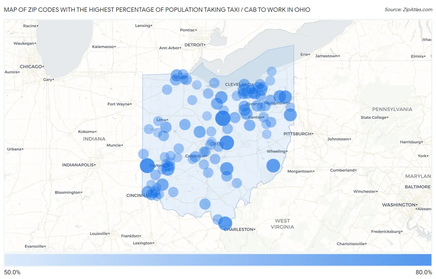 Zip Codes with the Highest Percentage of Population Taking Taxi / Cab to Work in Ohio Map