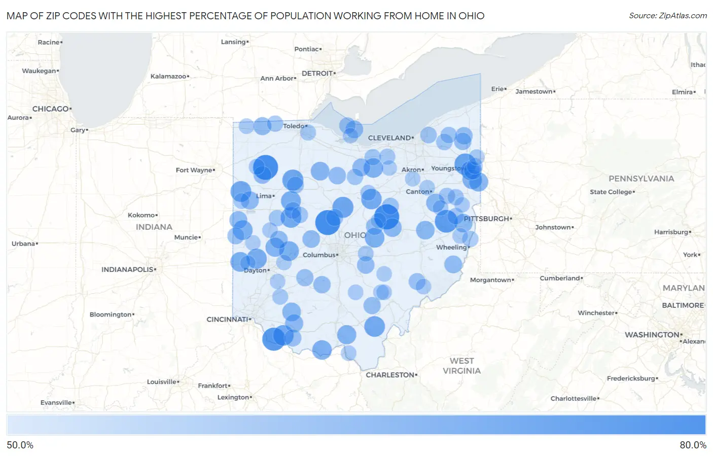 Zip Codes with the Highest Percentage of Population Working from Home in Ohio Map