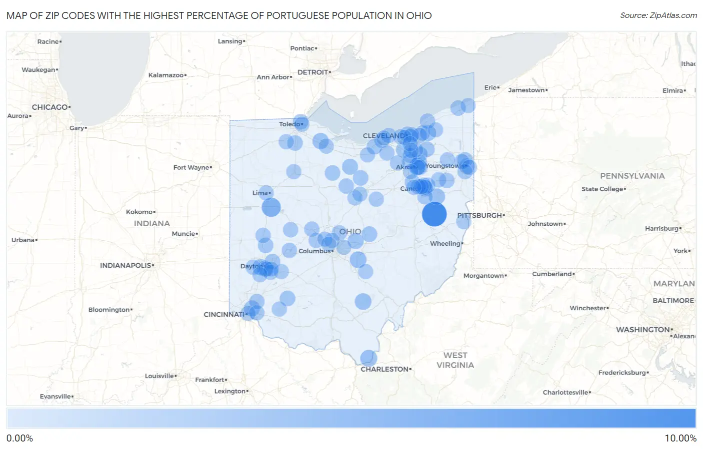 Zip Codes with the Highest Percentage of Portuguese Population in Ohio Map