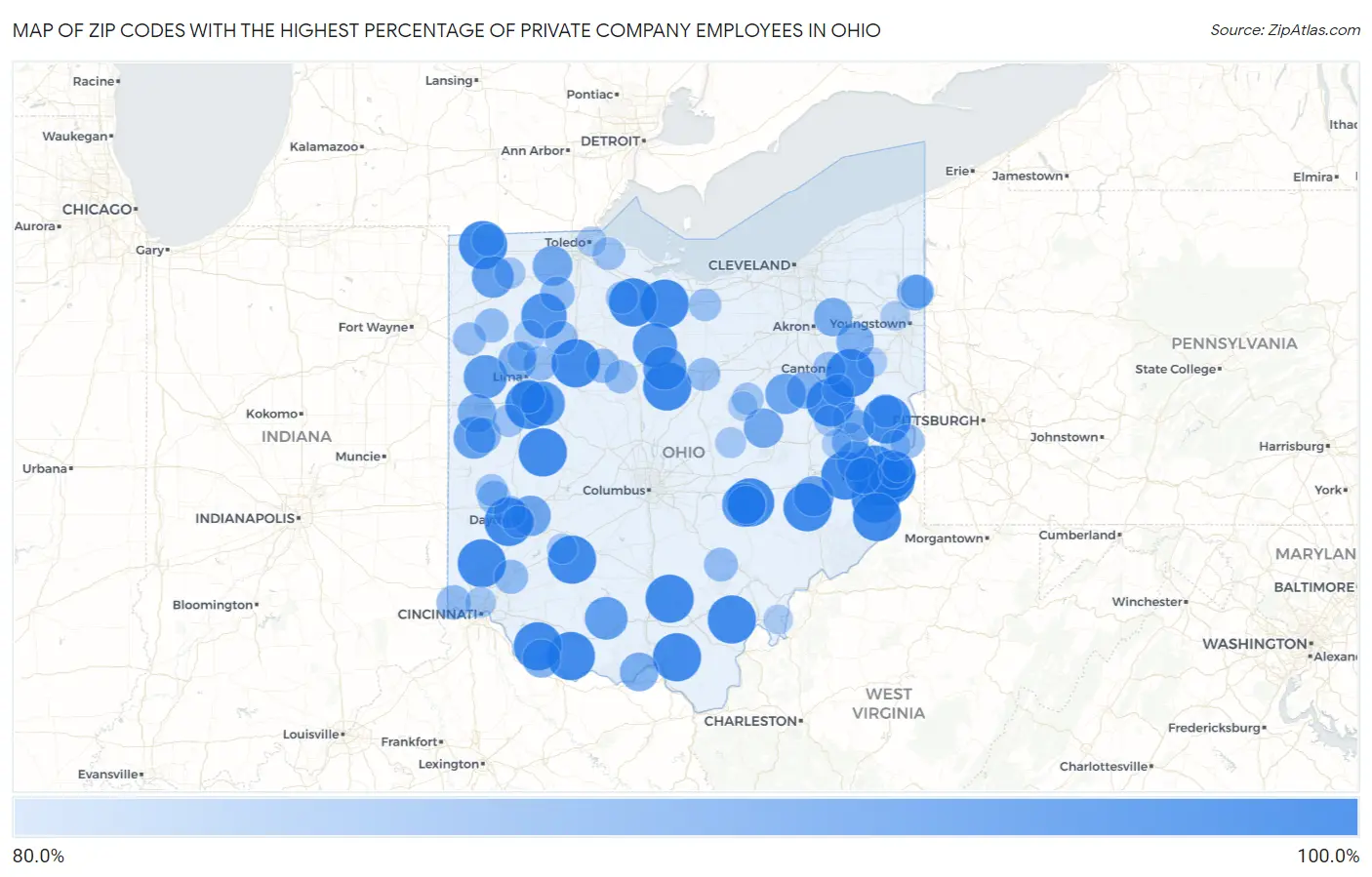 Zip Codes with the Highest Percentage of Private Company Employees in Ohio Map