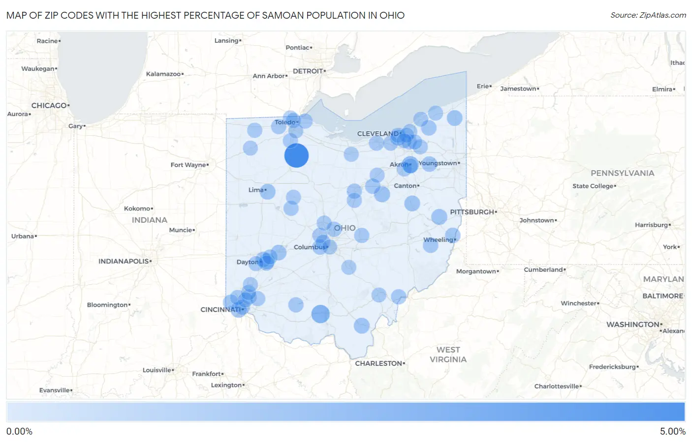 Zip Codes with the Highest Percentage of Samoan Population in Ohio Map