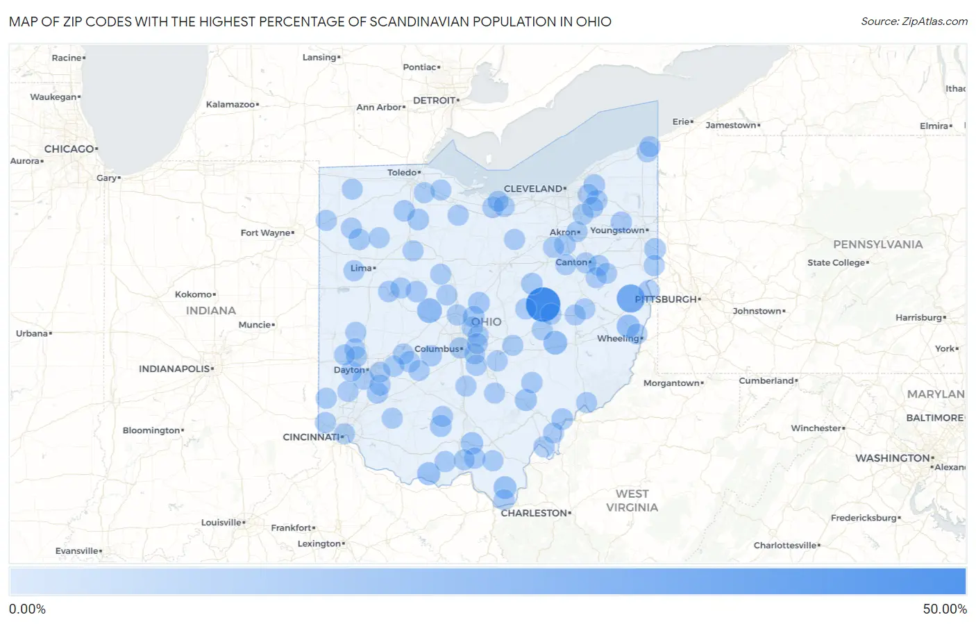 Zip Codes with the Highest Percentage of Scandinavian Population in Ohio Map